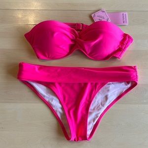 Bikini bathing suit twist front hot pink top 36B NWT bottom L